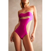 Lipstick Solid Off-the-shoulder Tulle Pink Swimsuit