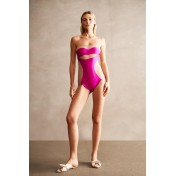 Lipstick Solid Off-the-shoulder Tulle Pink Swimsuit