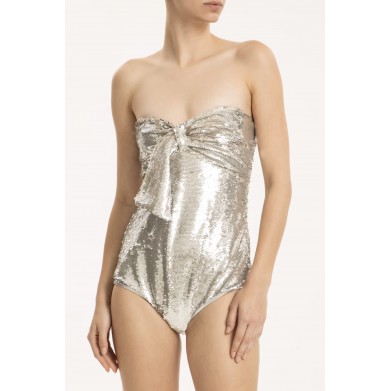Sequined Off-the-Shoulder Bow Swimsuit