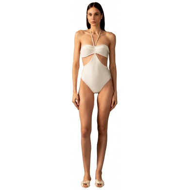 Solid color hollow halter neck white swimsuit