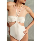 Solid color hollow halter neck white swimsuit
