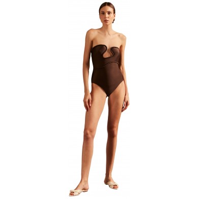 Wave off-shoulder brown swimsuit