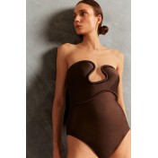 Wave off-shoulder brown swimsuit